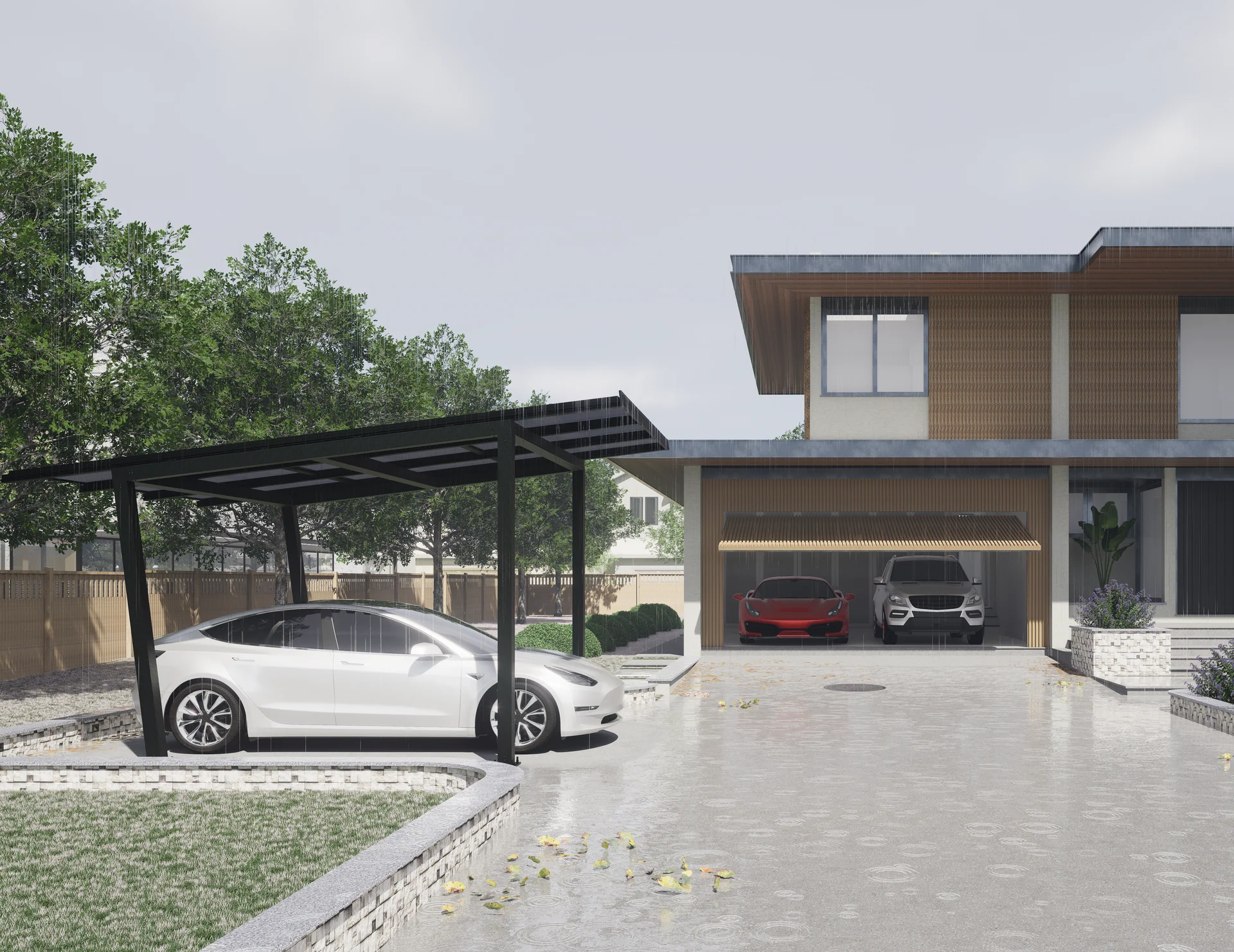 Prikaz NOVA CarPort nadstrešnice za jedno vozilo ispred kuće