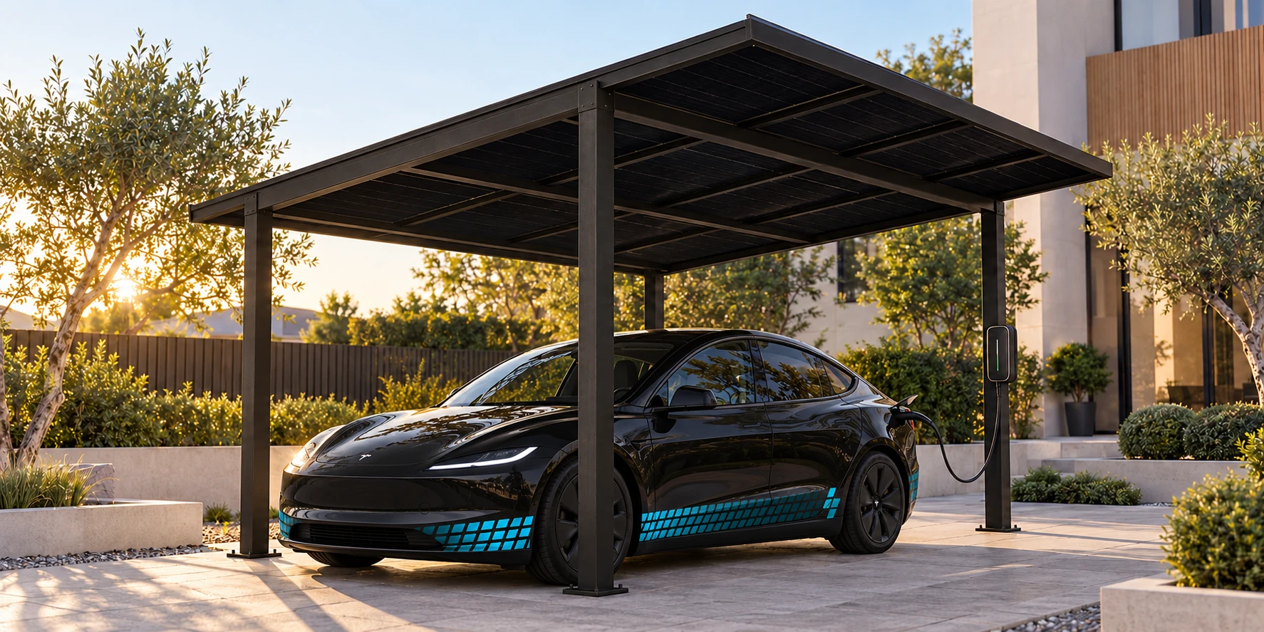 Crna Tesla Model 3 s tirkiznim Toming uzorkom parkirana ispod solarne nadstrešnice i spojena na punjač